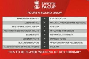 足总杯第四轮对阵：切尔西vs布莱顿，热刺vs维拉，曼联vs蓝狐